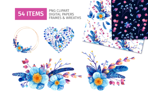 The Ultimate Blue Flowers Clipart, Patterns, and Wreaths Design Bundle